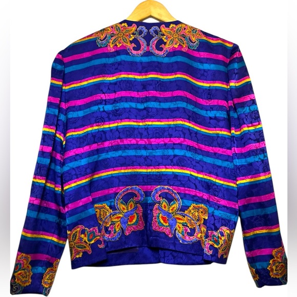 EXCELLENT Vintage Adrianna Papell Silk 2Piece Suit Blazer Skirt Stripe Floral 12 - Picture 4 of 13